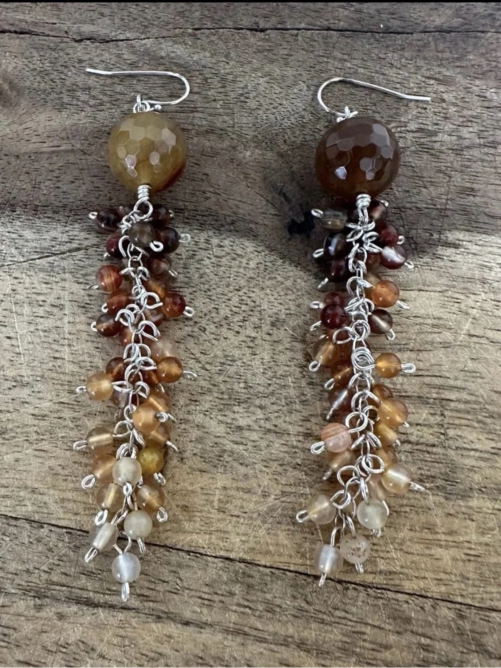 Handcrafted Brown and Amber Bead Cascade Earrings